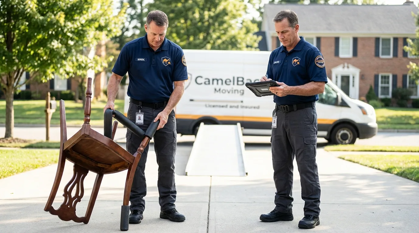 Movers inspecting furniture for damage prevention before loading in Shiprock, NM